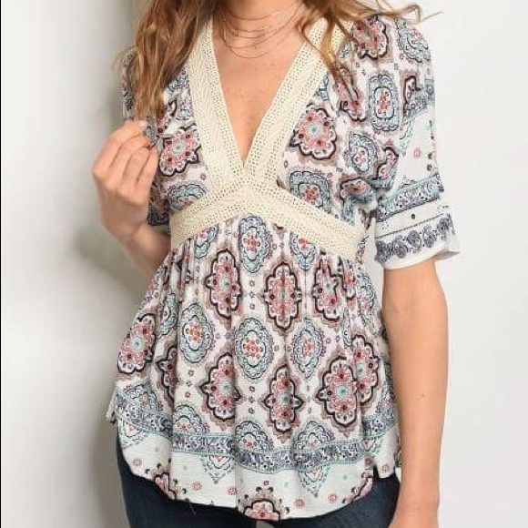 Bohemian Detail V-neck short sleeve blouse - Picture 2 of 5
